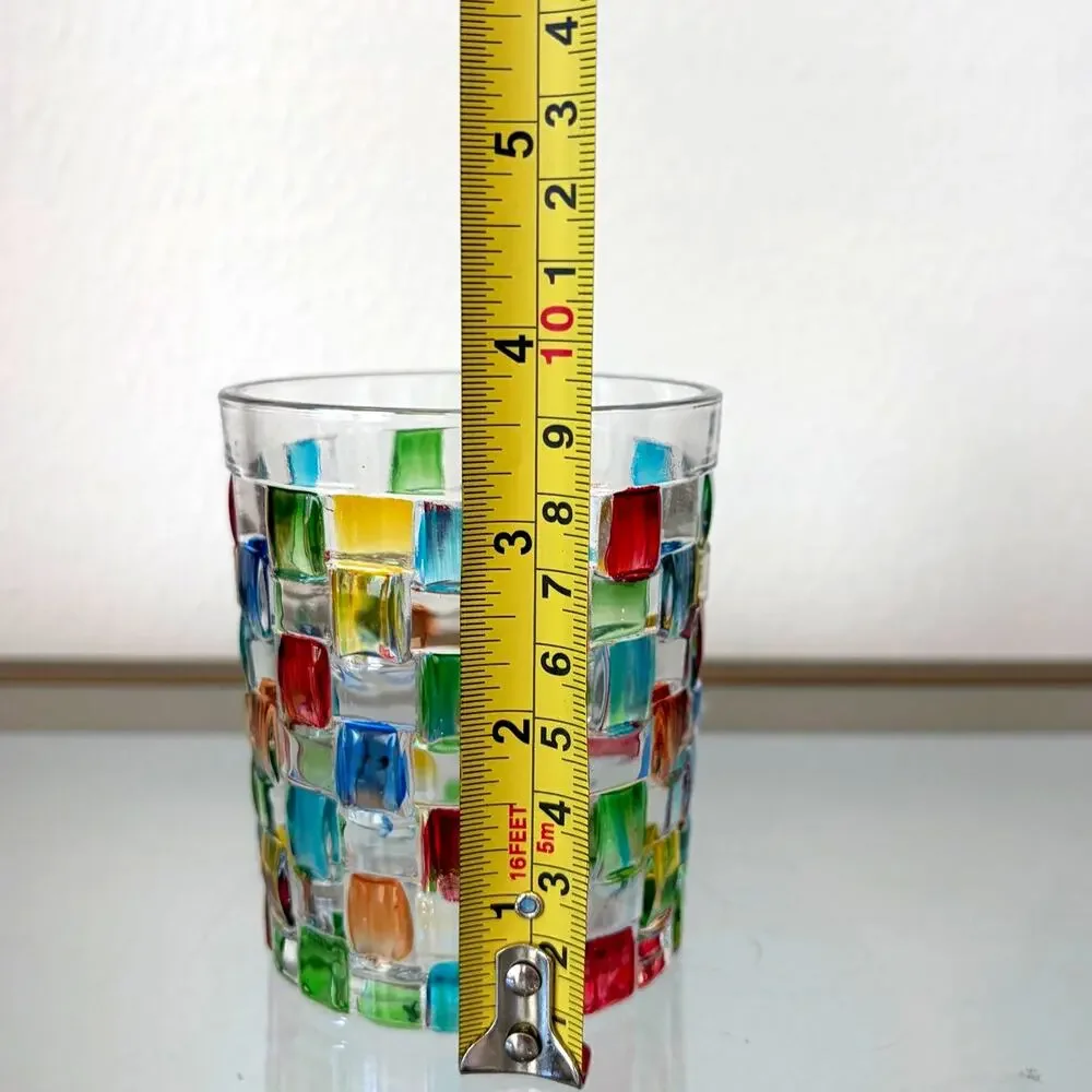NEW Hand Painted Italian Crystal Whiskey Glasses 2pc 10oz Colorful Mosaic